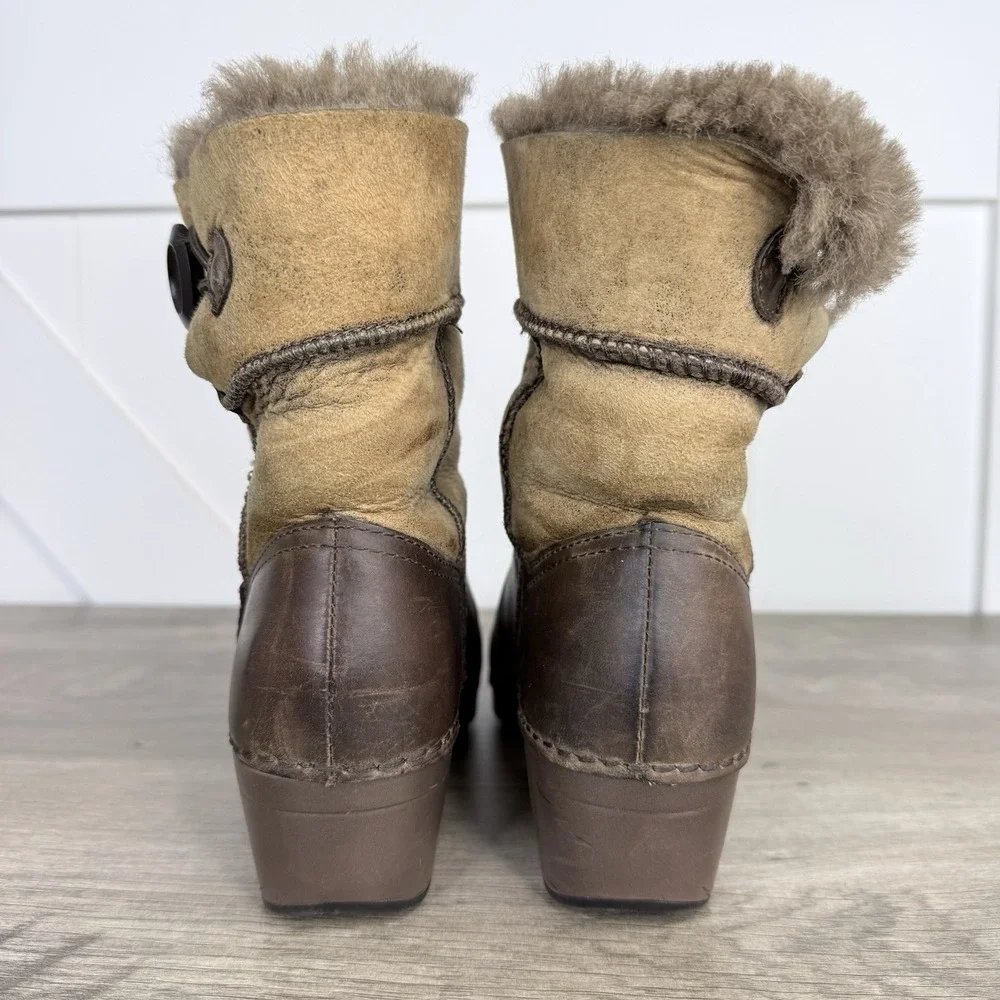 Dansko Stormy Shearling Boots Womens Sz 7 Brown Leather Real Fur Lined Fold Over